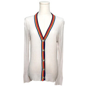 Ann Taylor LOFT White Rainbow Trim Ribbed Long Sleeve Stretch Cardigan Large